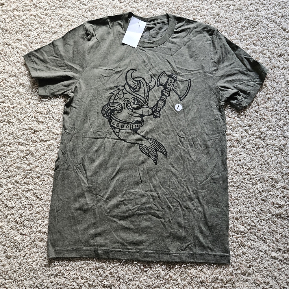 NWT Karl's Fishing and Outdoors Olive Green Viking Fish Tee Shirt